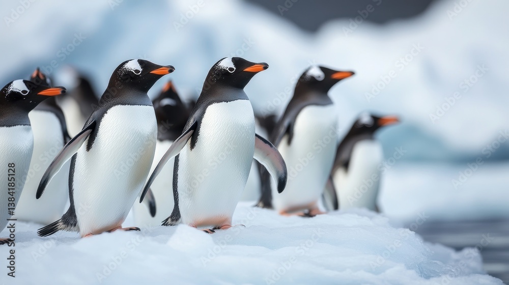 Fototapeta premium Gentoo Penguins on Ice Floes.