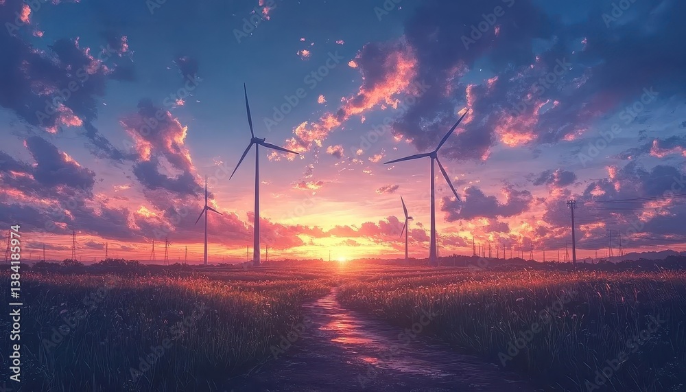 Obraz premium A wideangle view of a wind farm in a rural area at sunset, Wind Energy, Powerful and renewable