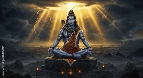 Lord Shiva meditating on mount kailash with light beams in the background