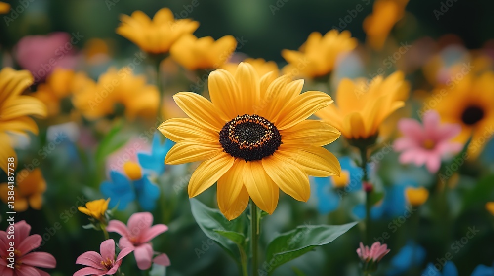 Obraz premium Radiant sunflower portrait amid a vibrant explosion of assorted floral diversity