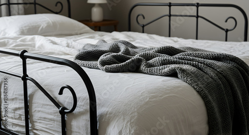 Iron Bed Frame Featuring White Linens And A Gray Knit Blanket