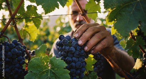 Man harvesting ripe purple grapes in vineyard at sunset. Wine production process. Winemaker checking quality of fruit. Viticulture and winemaking concept with copy space