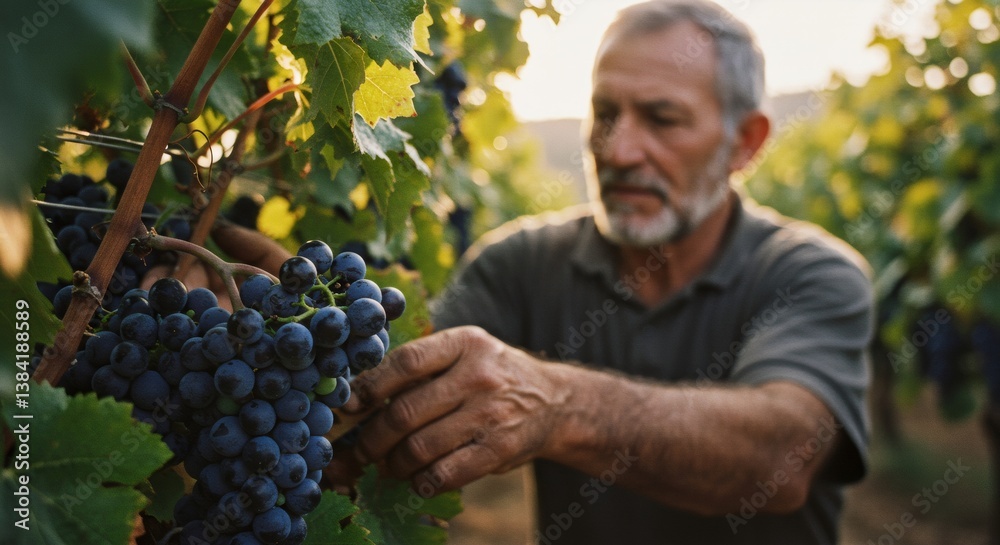 Obraz premium Elderly caucasian man harvesting ripe blue grapes in vineyard at sunset. Winemaking process, viticulture concept. Autumn wine grape picking season in rural countryside