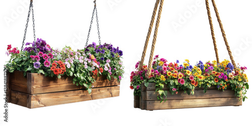 Vibrant Hanging Flower Baskets with Colorful Blossoms Displayed