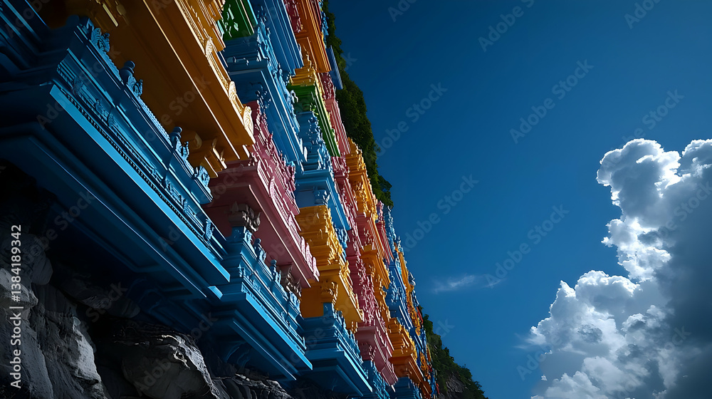 Obraz premium Colorful Geometric Building Facade Under Sunny Sky
