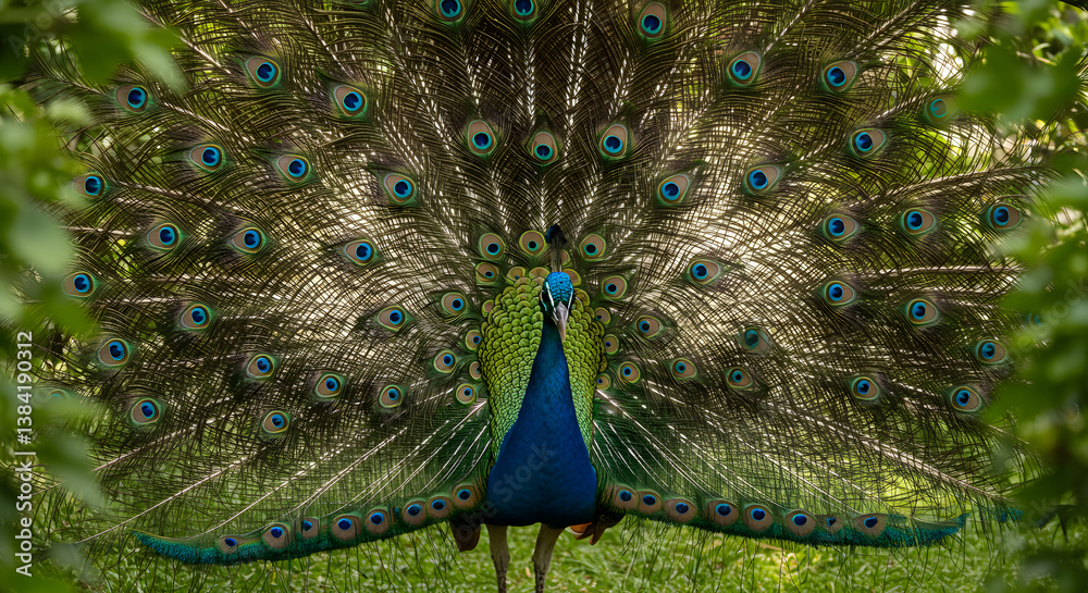 Obraz premium A male peacock displays its vibrant plumage, opening its fan-like tail in a lush green forest.