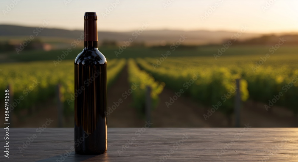 Fototapeta premium Bottle of red wine on wooden surface with blurred vineyard landscape at sunset. Wine tasting experience. Winery tourism and viticulture concept with copy space