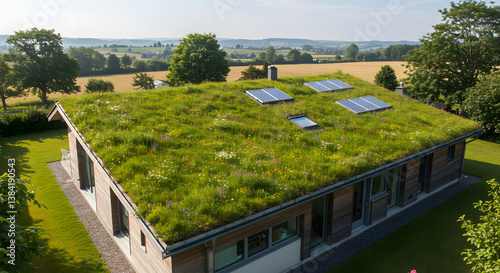 A modern house with a green roof and solar panels sits within a lush, green landscape, offering a beautiful view.