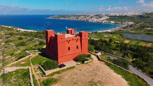 Drone top view of Saint Agatha's Tower also known as the Red Tower in Mellieha city. Maltese island