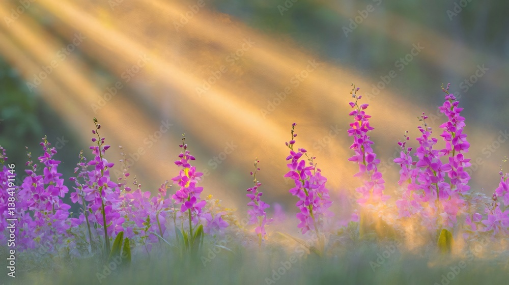 Naklejka premium Blooming Wildflowers Catching Sunbeams on Meadow Field at Golden Hour