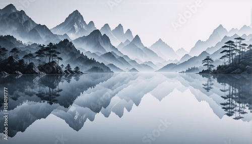 Misty mountain range reflecting in calm lake waters. Trees dot the landscape adding depth to the serene, blue and grey monochromatic scenery.