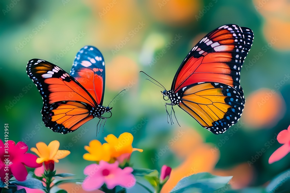 Fototapeta premium Two Orange And Black Butterflies Flying Above Colorful Flowers