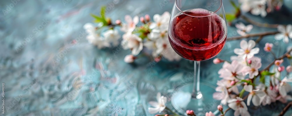 Obraz premium Glass of red wine with spring cherry blossom branches on blue textured background. Romantic wine tasting concept. Seasonal beverage for celebration or relaxation.