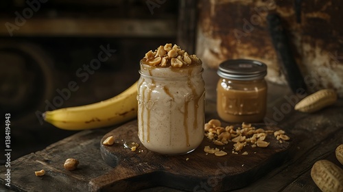 A glass jar filled with creamy peanut butter and topped with crushed peanuts sits on a wooden surface next to a jar of smooth peanut butter and a ripe banana in a rustic kitchen setting