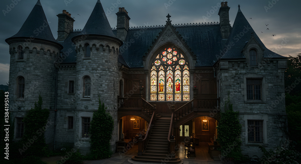 Naklejka premium A grand, gothic castle with a stained-glass window glows in the twilight, surrounded by lush greenery. The building's intricate stonework and gothic architecture are highlighted by the dramatic sky.