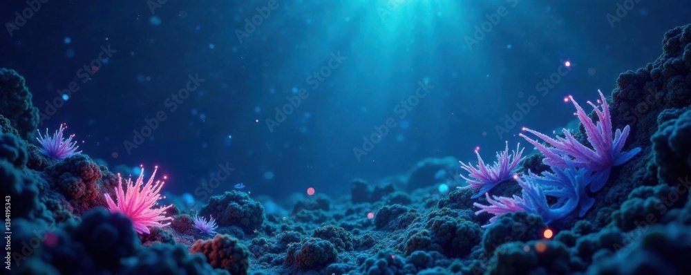 Fototapeta premium Deep ocean surface with bioluminescent creatures, ocean view, dark blue water