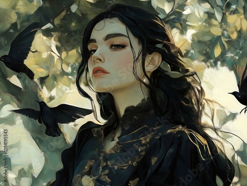woman portrait, dark clothing, raven, dark background, mysterious expression, fantasy art