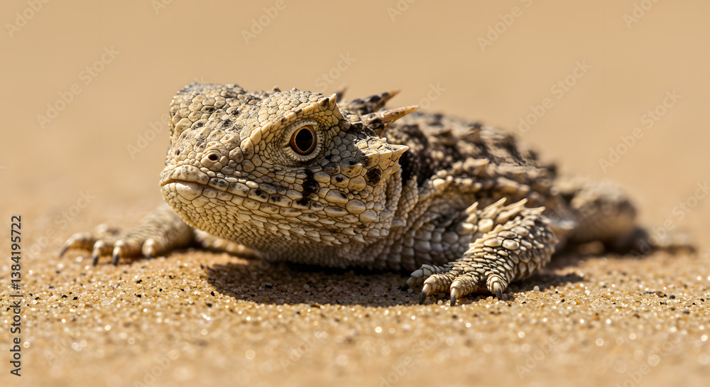 A horned lizard rests on the sandy ground, its textured skin blending with the warm tones of the desert. It appears alert and watchful. A horned lizard rests on the sandy ground, its textured skin blending with the warm tones of the desert. It appears alert and watchful.