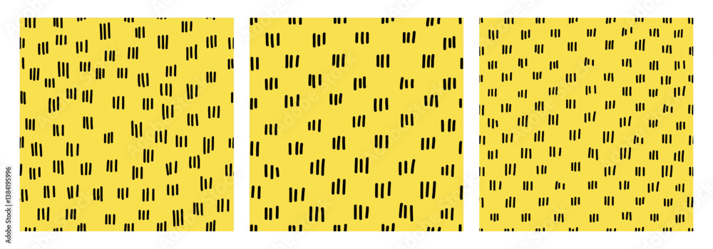 Seamless small dash pattern set with hand drawn grouped strokes on a yellow background. Modern, abstract, and minimalistic design for fabric, stationery, packaging, wallpaper, and creative projects