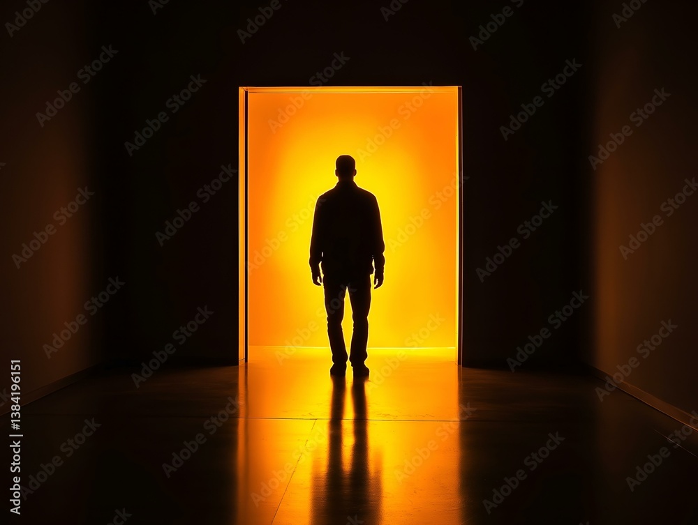 Obraz premium shadowy figure in doorway, warm light, dark corridor, mysterious atmosphere, surreal scene