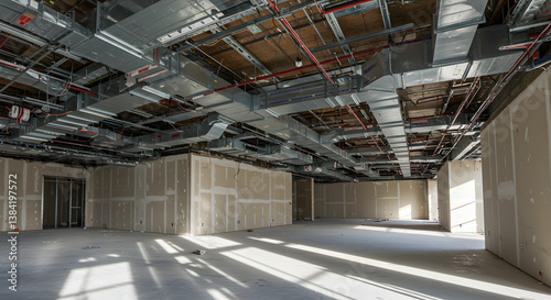 An unfinished retail space shows a ceiling grid with exposed electrical wiring and ductwork, partially covered with drywall, suggesting construction in progress. Sunlight illuminates the empty room.
