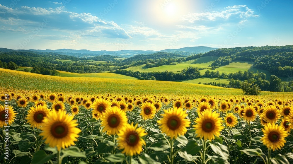 Fototapeta premium Sunny sunflower field with rolling hills in background