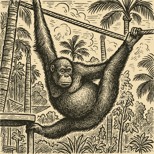 Orangutan Swinging in Jungle Canopy Vintage Engraving Illustration