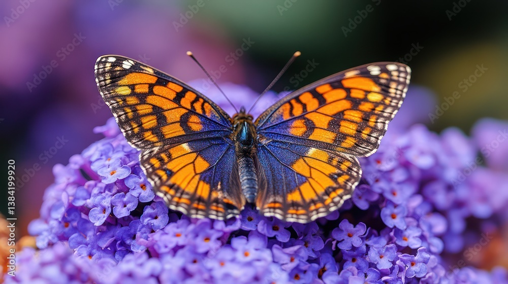 A monarch butterfly rests on a purple flower, its wings spread wide, showing vivid patterns and stunning detail in high definition. A monarch butterfly rests on a purple flower, its wings spread wide, showing vivid patterns and stunning detail in high definition.