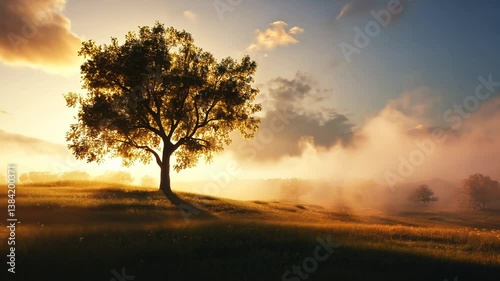 Solitary tree at sunrise, misty field, golden light