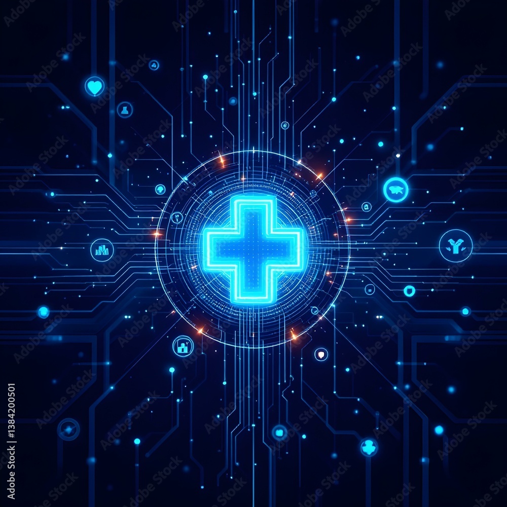 Fototapeta premium Digital healthcare network, glowing medical cross symbol