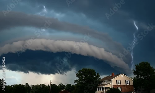 Ominous Shelf Cloud Formation Over Suburban Home, Threatening Storm Approaching