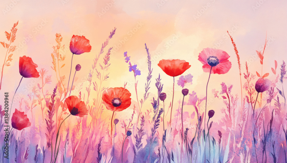 Fototapeta premium Impressionistic Watercolor Painting of Red Poppy Flowers in a Field at Sunset with Purple Hues and a Dreamy Artistic Background