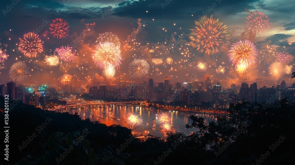 Fototapeta premium Cityscape Fireworks Night River Celebration