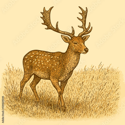 Standing Fallow Deer with Antlers in a Grassy Field Illustration