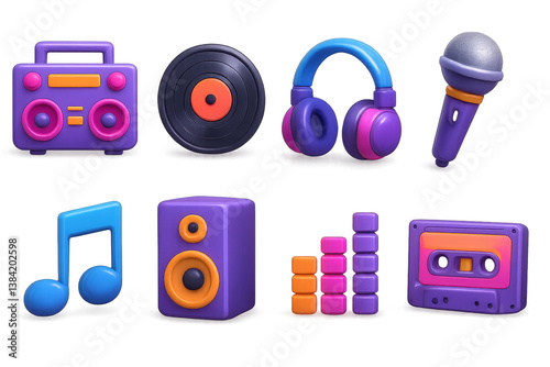 Retro music vibes. 3d y2k music icons with headphones, vinyl, microphone, and more.