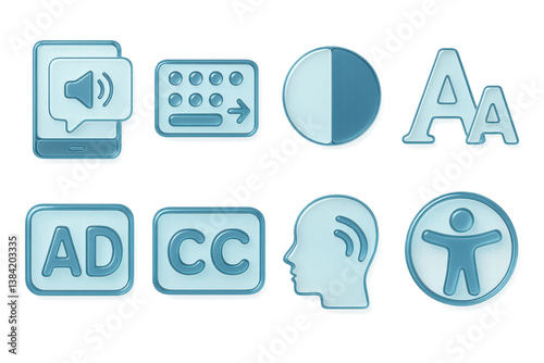Essential 3d accessibility icons. audio, navigation, vision, text, descriptive, captions, hearing, universal