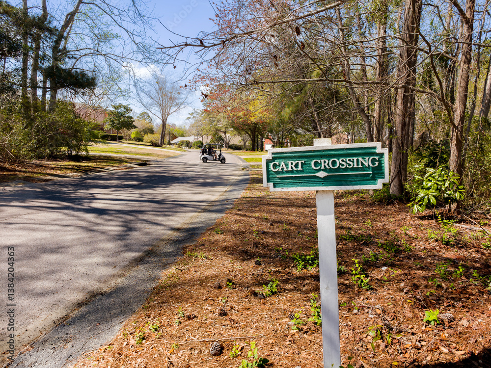 Urban neighborhood with golf cart crossing a private street with a golf cart crossing sign in the foreground