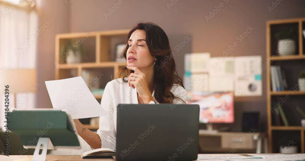 Thinking, paperwork and business woman in home with laptop for solution, planning and finance decision. Remote work, professional and person on computer with documents for report, review and research Thinking, paperwork and business woman in home with laptop for solution, planning and finance decision. Remote work, professional and person on computer with documents for report, review and research