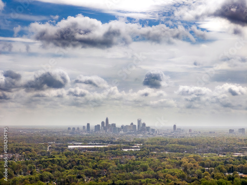 Aerial view of Charlotte, North Carolina with a dramatic sky