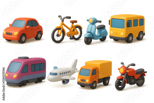 3d vehicle illustrations. car, bicycle, scooter, bus, train, plane, truck, motorcycle, icons