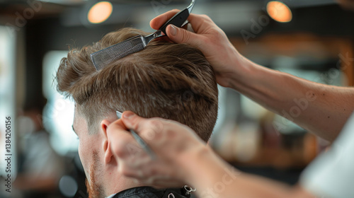 A barber using a comb and scissors to shape a haircut.  stock image, hd quality, natural look, blog post, fashion post.