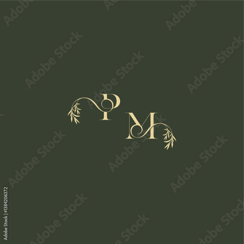 logo design concept luxury wedding monogram PM organic leaf initial letter