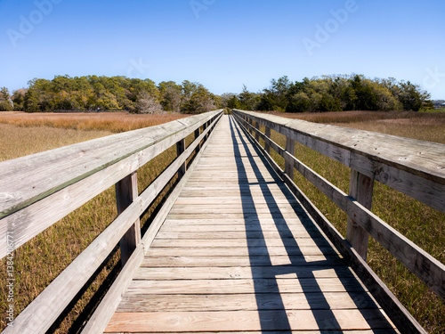 Obraz na płótnie Wood bridge spanning across acres of golden reeds and marsh in a classic South Carolina landscape setting of trees w salonie