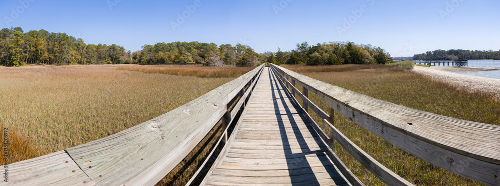 Wood bridge spanning across acres of golden reeds and marsh in a classic South Carolina landscape setting of trees