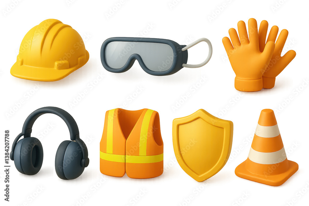 Essential 3d protective gear icons: helmet, goggles, gloves, headphones, vest, shield, cone