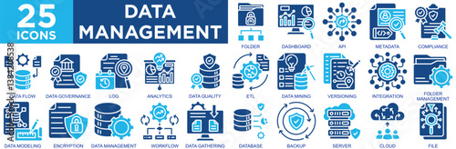 data management, analysis, management, business, technology, data, icon set. Outline icons collection. Simple vector illustration