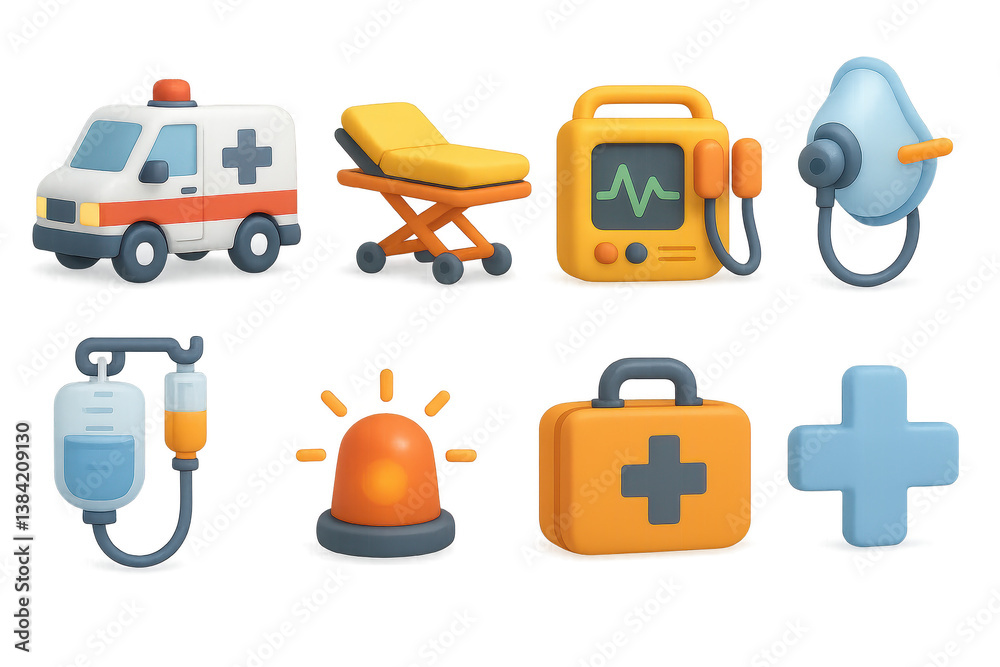 Medical emergency essentials. 3d icons featuring ambulance, stretcher, defibrillator, and more Medical emergency essentials. 3d icons featuring ambulance, stretcher, defibrillator, and more