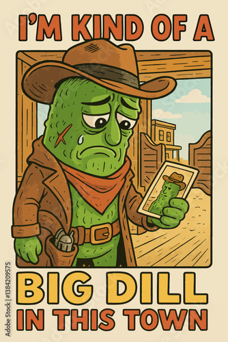 Cartoon Cowboy Pickle Looking at Picture in Western Town Sad