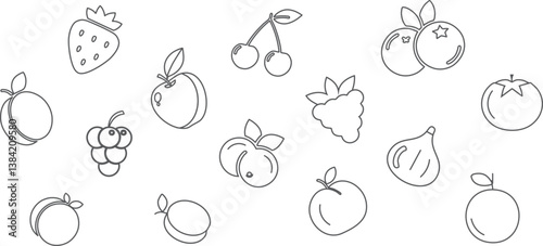 Fruit Frenzy: A delightful array of hand-drawn fruits, from juicy strawberries to sweet cherries and plump blueberries. Each fruit embodies freshness and vibrant simplicity.