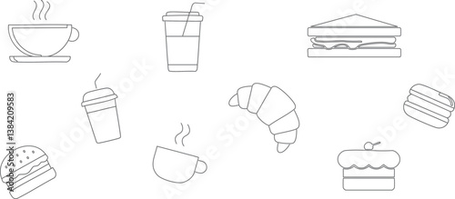 Breakfast Selection: An array of fresh, appetizing elements from coffee cups and takeaway beverages to sandwiches and pastries, presented in a clean and artistic outline.